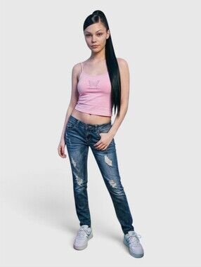 Y2K Machine Nouvelle Mode Distressed Button-Fly Stretch Italian Jeans Womens 28
